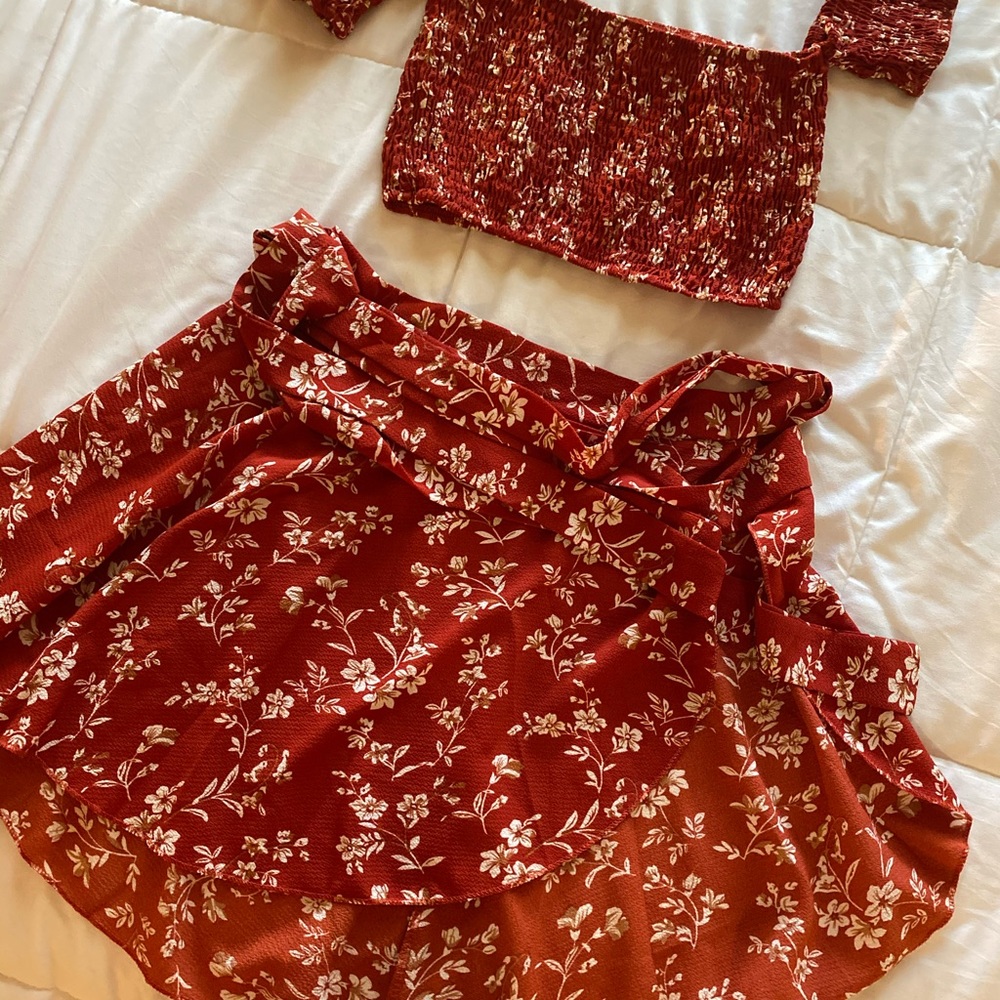 Two piece red floral top and skirt